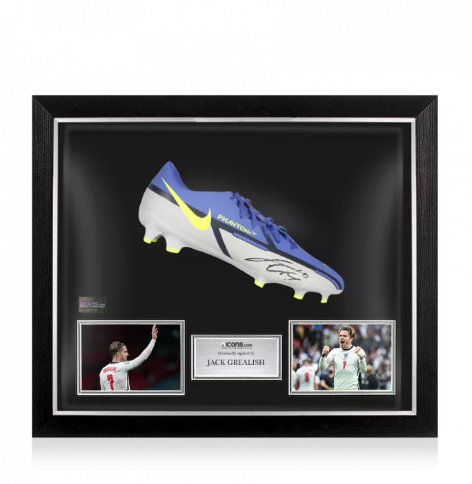 icons Jack Grealish Signed Purple and Grey Nike Phantom Boot In Bubble Frame: England Option