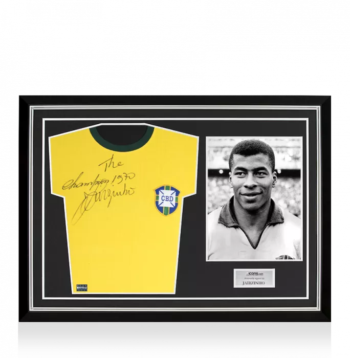 Icons Jairzinho Front Signed Brazil 1970 Home Shirt: "The Champions 1970" Special Edition Home Shirt In Hero Frame: Option 1