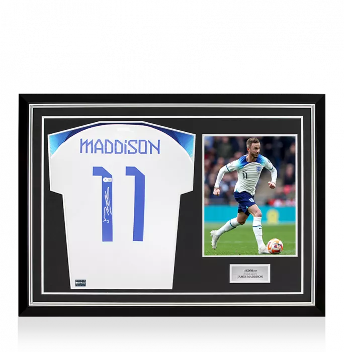 icons James Maddison Back Signed England 2022 Home Shirt In Hero Frame: Option 1