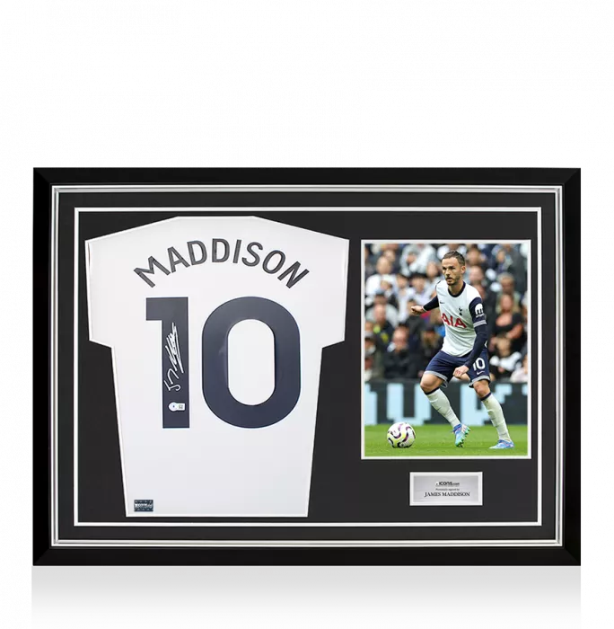 icons James Maddison Back Signed Tottenham Hotspur 2024-25 Home Shirt with Fan Style Numbers In Hero Frame: Option 1