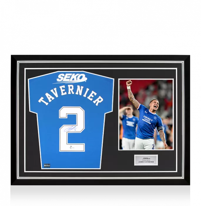 icons James Tavernier Back Signed Rangers FC 2022-23 Home Shirt In Hero Frame: Option 1