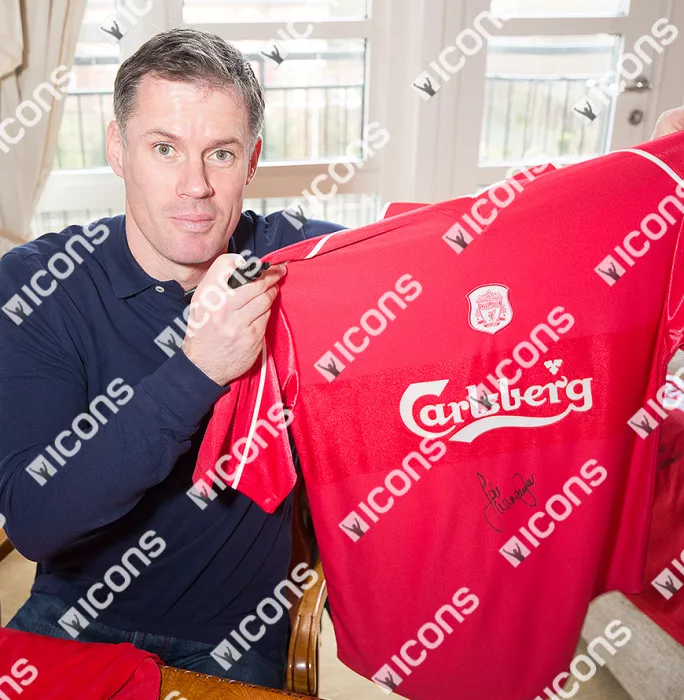 Icons Jamie Carragher Front Signed Liverpool 2000-02 Home Shirt: 2001 Treble Edition