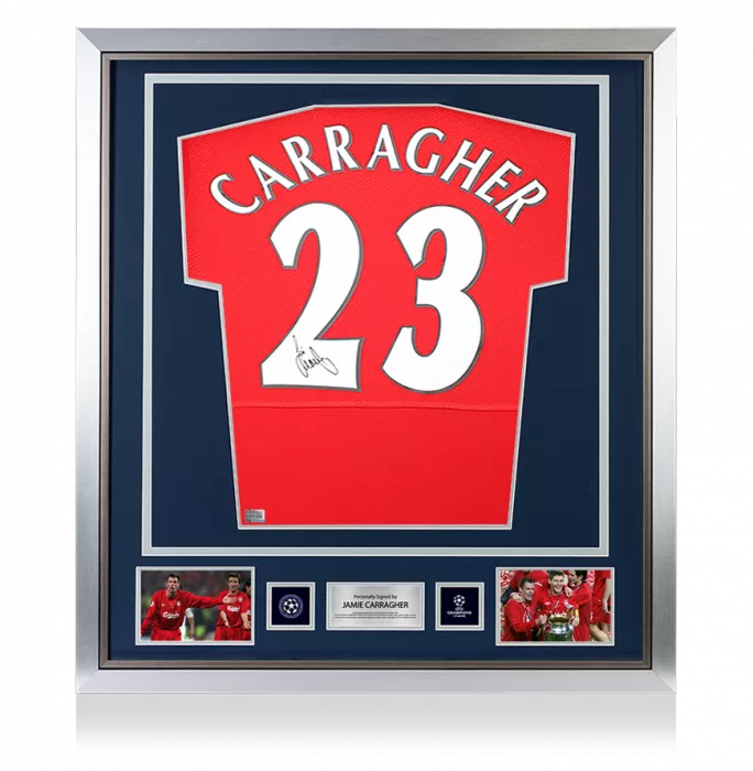 icons Jamie Carragher Official UEFA Champions League Back Signed and Framed Liverpool FC 2005 Home Shirt