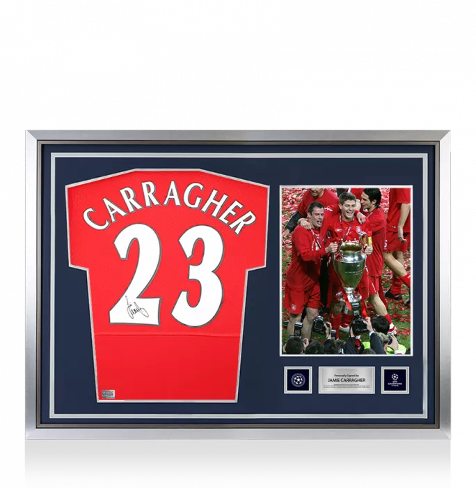 icons Jamie Carragher Official UEFA Champions League Back Signed and Hero Framed Liverpool FC 2005 Home Shirt