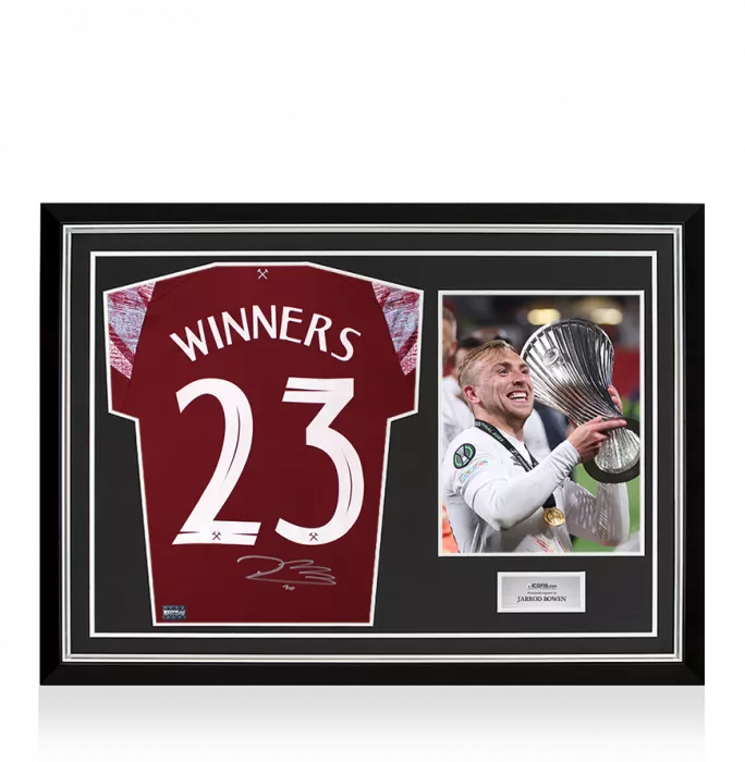 icons Jarrod Bowen Back Signed West Ham United 2022-23 Home Shirt - Winners 23 Edition In Hero Frame: Option 1