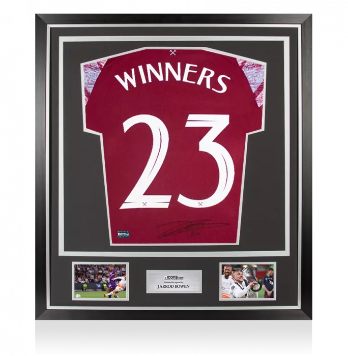 icons Jarrod Bowen Back Signed West Ham United 2022-23 Home Shirt: 2023 UEFA Europa Conference League Winners Edition In Classic Frame