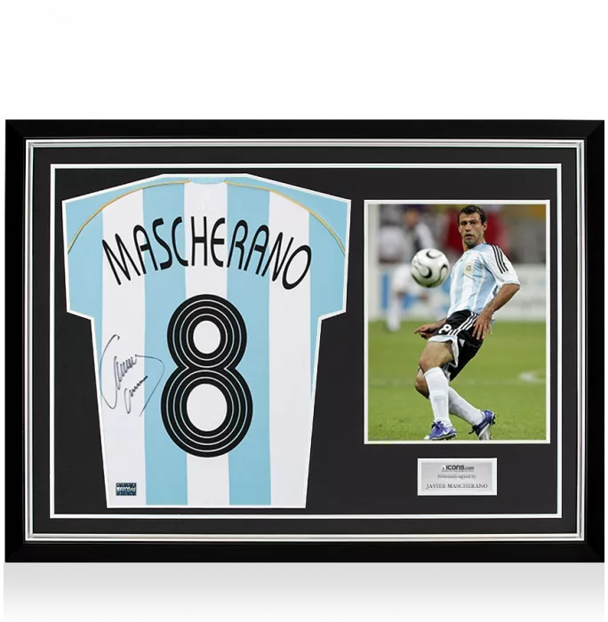 icons Javier Mascherano Back Signed Argentina 2005-07 Home Shirt In Hero Frame: Option 1