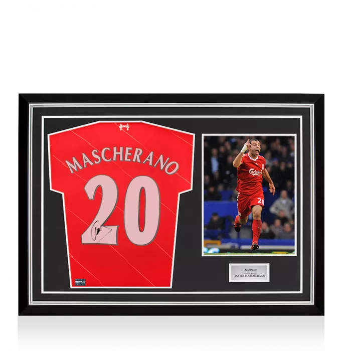 icons Javier Mascherano Back Signed Liverpool 2021-22 Home Shirt with Fan Style Numbers In Hero Frame: Option 1