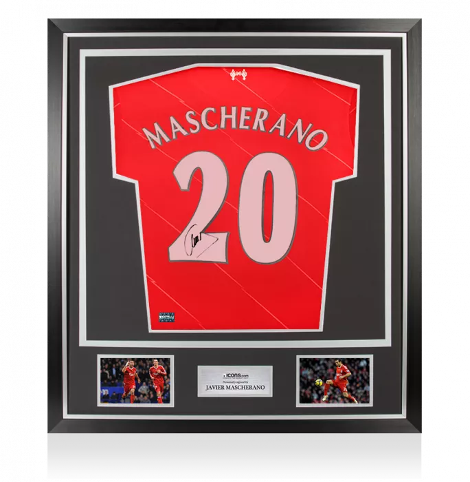 icons Javier Mascherano Back Signed Liverpool 2021-22 Home Shirt with Fan Style Numbers In Classic Frame