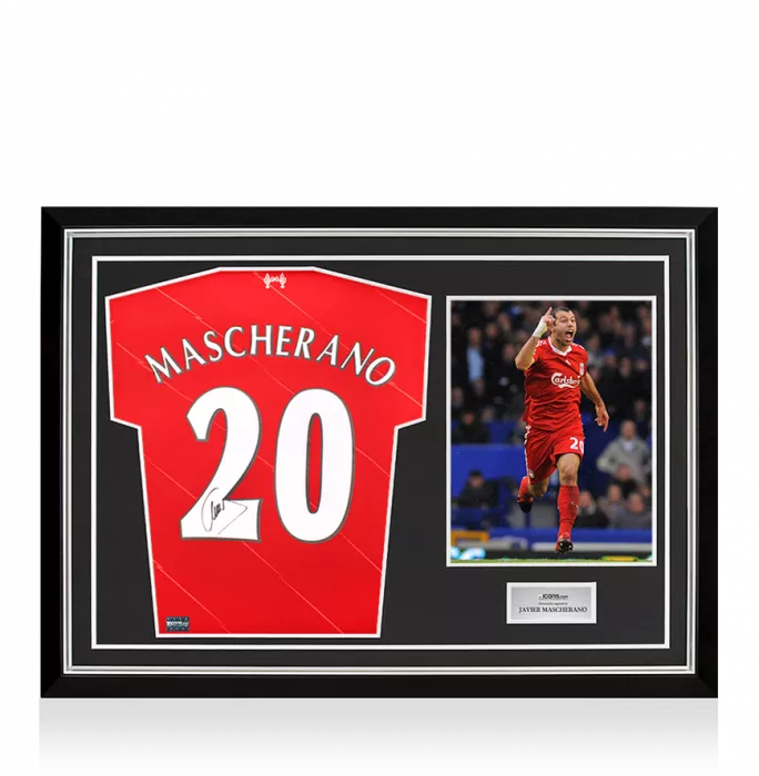icons Javier Mascherano Back Signed Liverpool FC 2021-22 Home Shirt with Fan Style Numbers In Hero Frame: Option 1