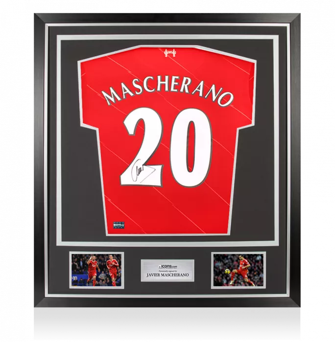 icons Javier Mascherano Back Signed Liverpool FC 2021-22 Home Shirt with Fan Style Numbers In Classic Frame