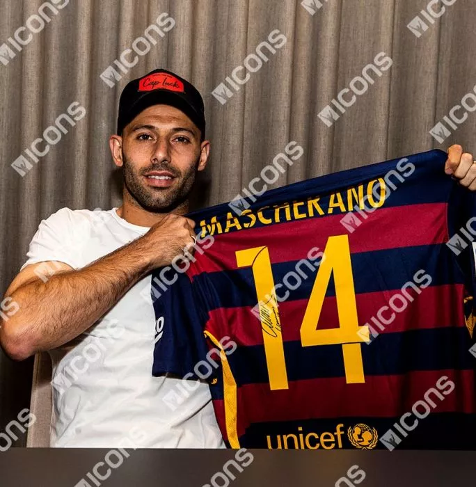 Icons Javier Mascherano Official FC Barcelona Back Signed 2015-16 Home Shirt