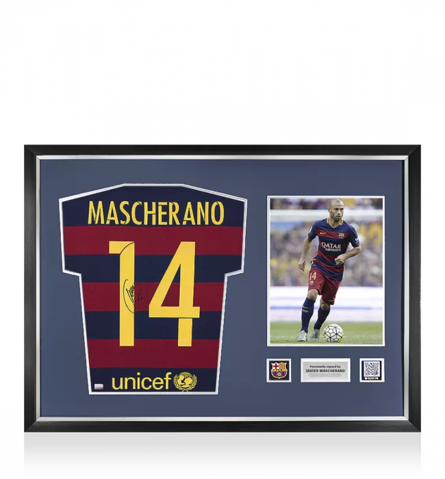 icons Javier Mascherano Official FC Barcelona Back Signed and Framed 2015-16 Home Shirt