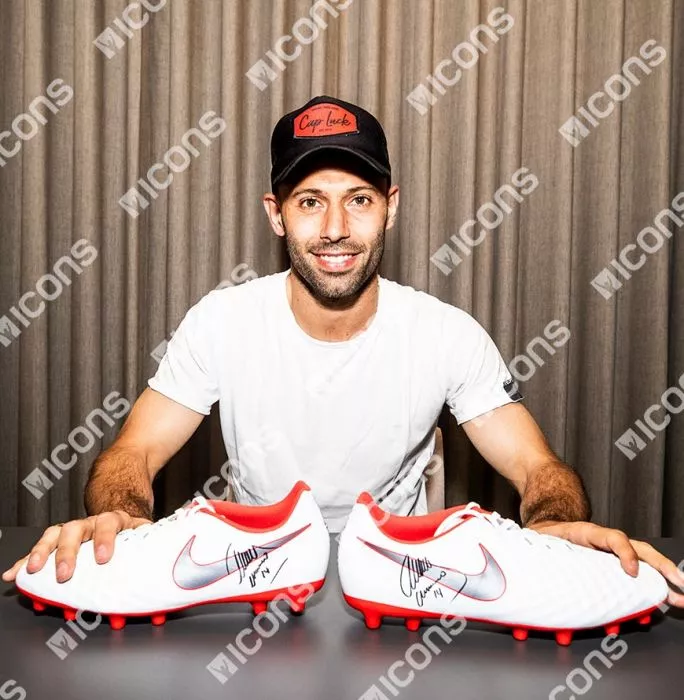 Icons Javier Mascherano Official FC Barcelona Signed White And Red Nike Magista Boot In Acrylic Case