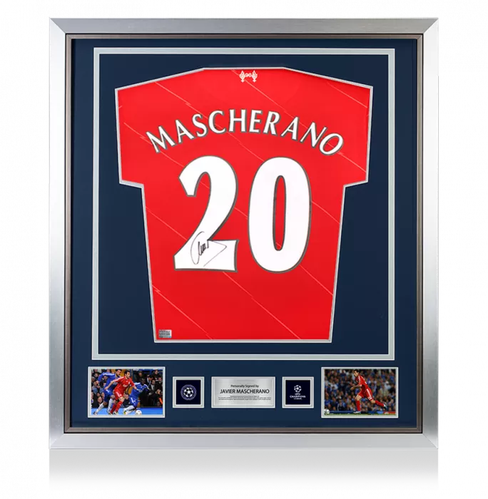 icons Javier Mascherano Official UEFA Champions League Back Signed and Framed Liverpool FC 2021-22 Home Shirt with Fan Style Numbers