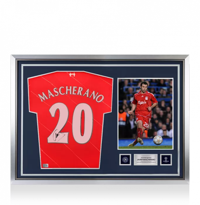 icons Javier Mascherano Official UEFA Champions League Back Signed and Hero Framed Liverpool 2021-22 Home Shirt with Fan Style Numbers