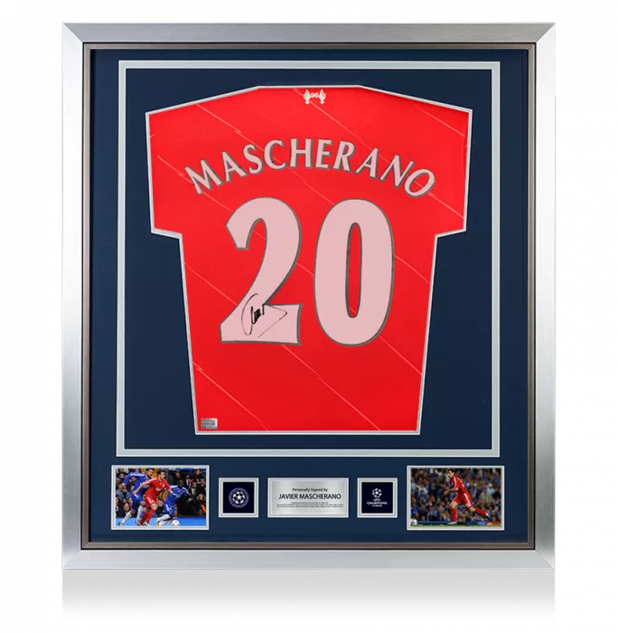 icons Javier Mascherano Official UEFA Champions League Back Signed and Framed Liverpool FC 2021-22 Home Shirt with Fan Style Numbers