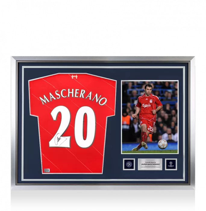 icons Javier Mascherano Official UEFA Champions League Back Signed and Hero Framed Liverpool FC 2021-22 Home Shirt with Fan Style Numbers