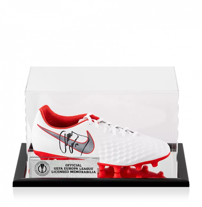 icons Javier Mascherano Official UEFA Europa League Signed White and Red Nike Magista Boot In Acrylic Case
