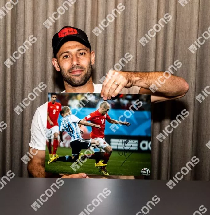 Icons Javier Mascherano Signed Argentina Photo In Black Wooden Frame: Iconic 2014 FIFA World Cup Tackle