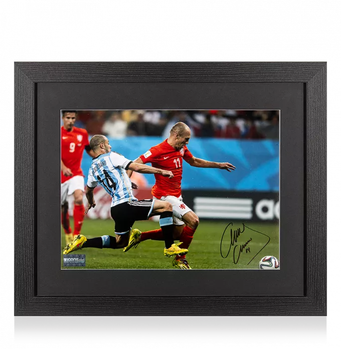 icons Javier Mascherano Signed Argentina Photo In Black Wooden Frame: Iconic 2014 FIFA World Cup Tackle