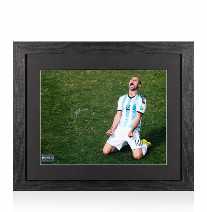 icons Javier Mascherano Signed Argentina Photo In Black Wooden Frame: 2014 FIFA World Cup Victory vs Belgium