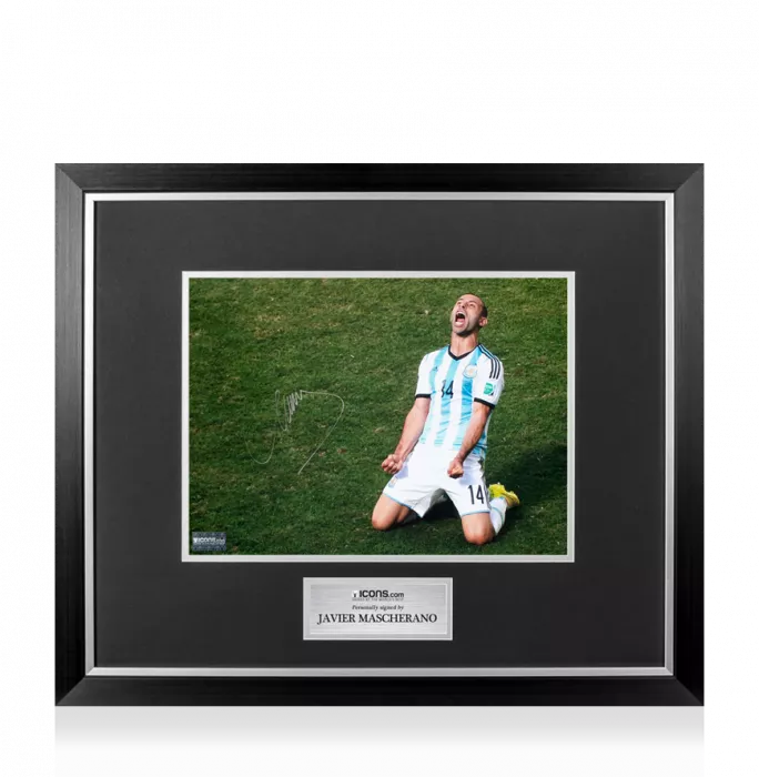 icons Javier Mascherano Signed Argentina Photo In Premium Photo Frame: 2014 FIFA World Cup Victory vs Belgium