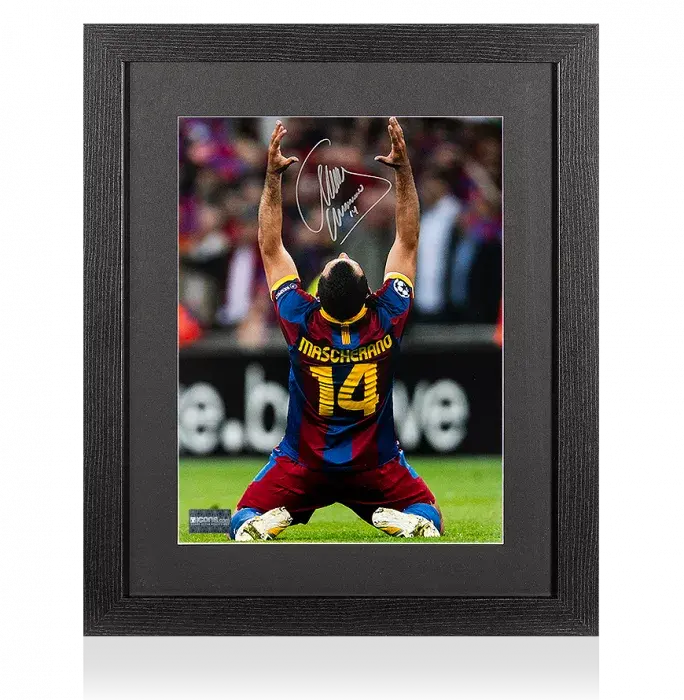 icons Javier Mascherano Signed FC Barcelona Photo In Black Wooden Frame: 2011 UEFA Champions League Winner