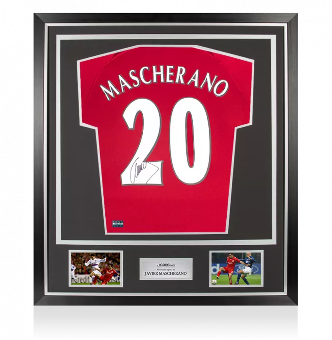 icons Javier Mascherano Signed Modern Liverpool FC Home Shirt with Fan Style Numbers In Classic Frame