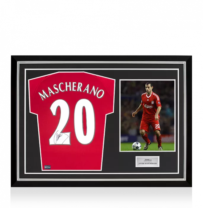 icons Javier Mascherano Signed Modern Liverpool FC Home Shirt with Fan Style Numbers In Hero Frame: Option 1