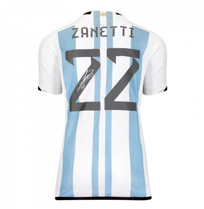 Icons Javier Zanetti Back Signed Modern Argentina 2022-23 Home Shirt With Fan Style Numbers In Classic Frame