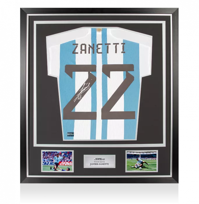 icons Javier Zanetti Back Signed Modern Argentina 2022-23 Home Shirt With Fan Style Numbers In Classic Frame