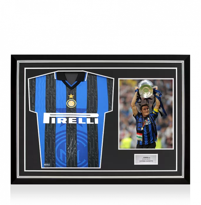 icons Javier Zanetti Front Signed Internazionale 1997-98 Home Shirt In Hero Frame: Option 1