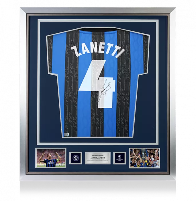 icons Javier Zanetti Official UEFA Champions League Back Signed and Framed Internazionale 1997-98 Home Shirt