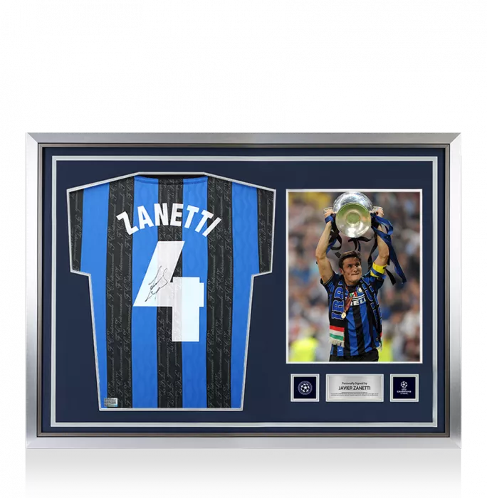 icons Javier Zanetti Official UEFA Champions League Back Signed and Hero Framed Internazionale 1997-98 Home Shirt With Fan Style Number