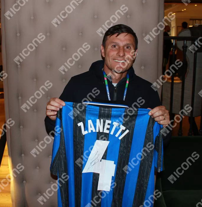 Icons Javier Zanetti Official UEFA Champions League Back Signed And Framed Internazionale 1997-98 Home Shirt With Fan Style Number