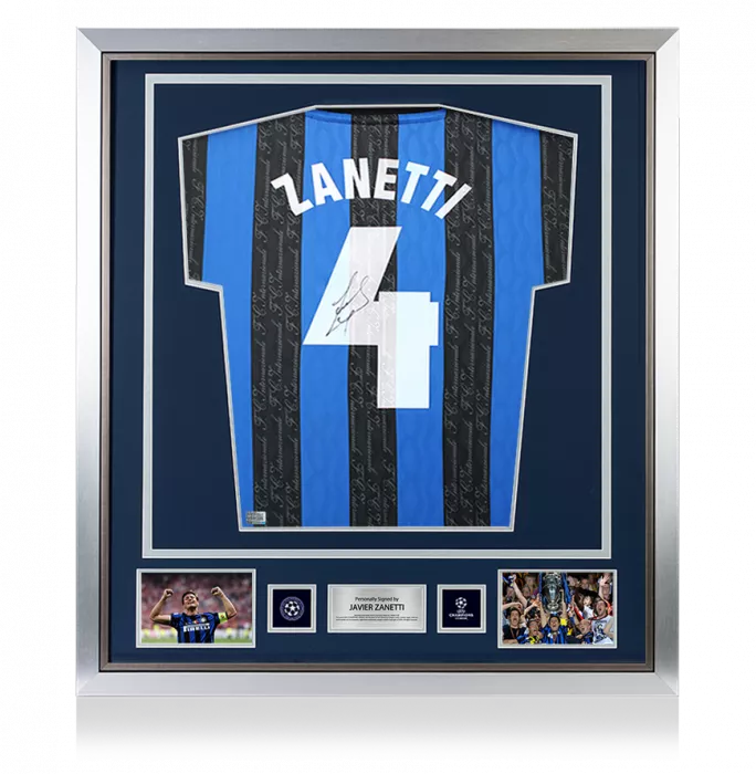icons Javier Zanetti Official UEFA Champions League Back Signed and Framed Internazionale 1997-98 Home Shirt With Fan Style Number