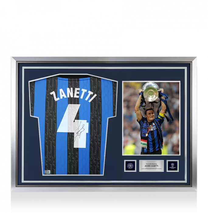icons Javier Zanetti Official UEFA Champions League Back Signed and Hero Framed Internazionale 1997-98 Home Shirt