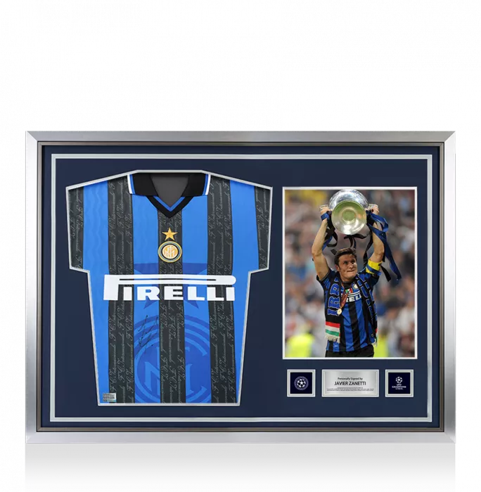 icons Javier Zanetti Official UEFA Champions League Front Signed and Hero Framed Internazionale 1997-98 Home Shirt