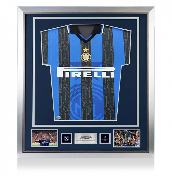 icons Javier Zanetti Official UEFA Champions League Front Signed and Framed Internazionale 1997-98 Home Shirt