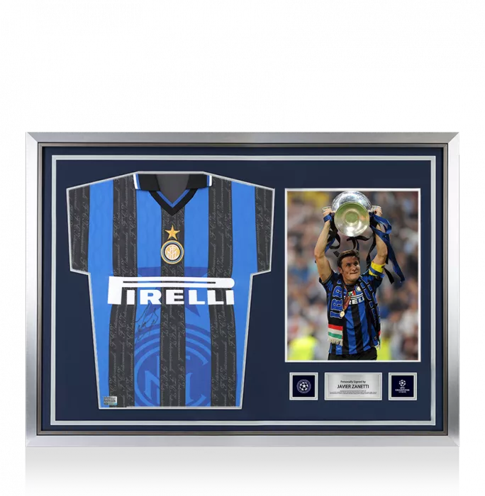 icons Javier Zanetti Official UEFA Champions League Front Signed and Hero Framed Internazionale 1998 Home Shirt