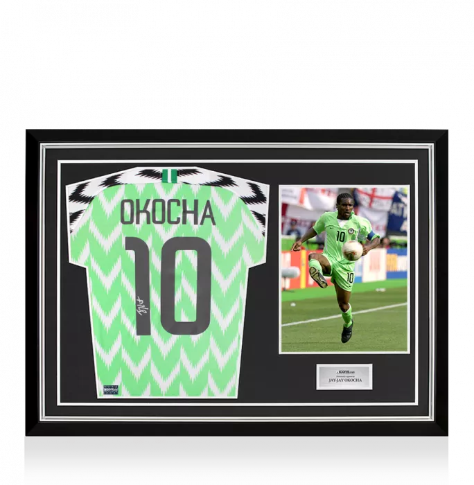 icons Jay-Jay Okocha Back Signed Nigeria 2018 Home Shirt In Hero Frame: Option 1