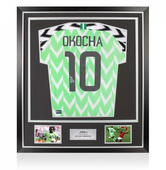 icons Jay-Jay Okocha Back Signed Nigeria 2018 Home Shirt In Classic Frame