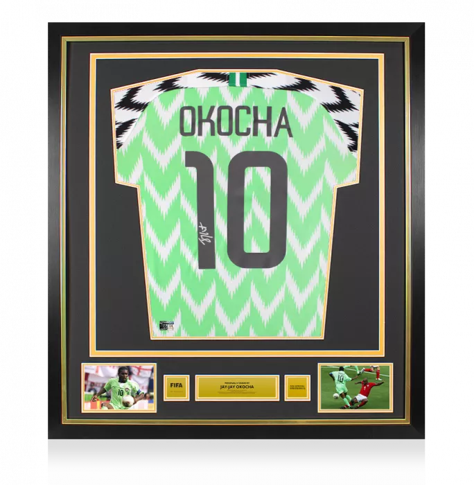 icons Jay-Jay Okocha Official FIFA World Cup™ Back Signed and Framed Nigeria 2018 Home Shirt