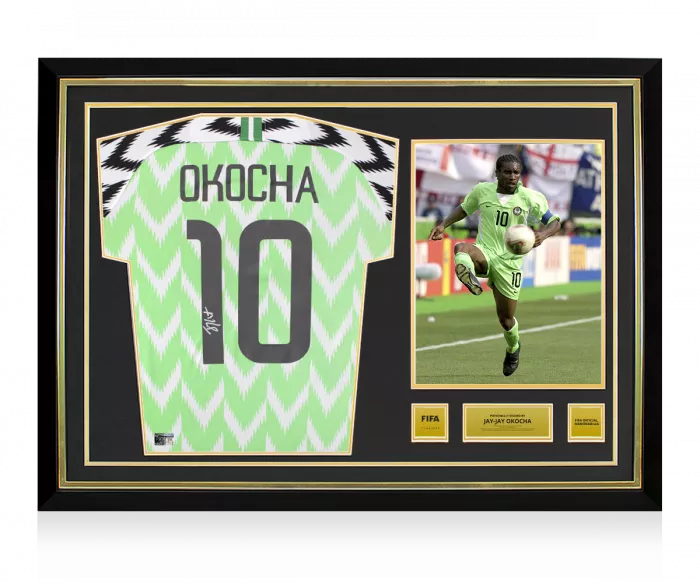icons Jay-Jay Okocha Official FIFA World Cup™ Back Signed and Hero Framed Nigeria 2018 Home Shirt