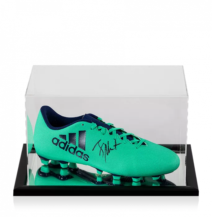 icons Jay-Jay Okocha Signed Aqua Adidas X 17.4 Boot In Acrylic Case