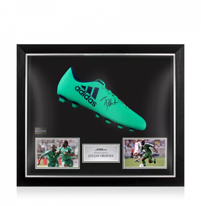 icons Jay-Jay Okocha Signed Aqua Adidas X 17.4 Boot In Bubble Frame: Option 1