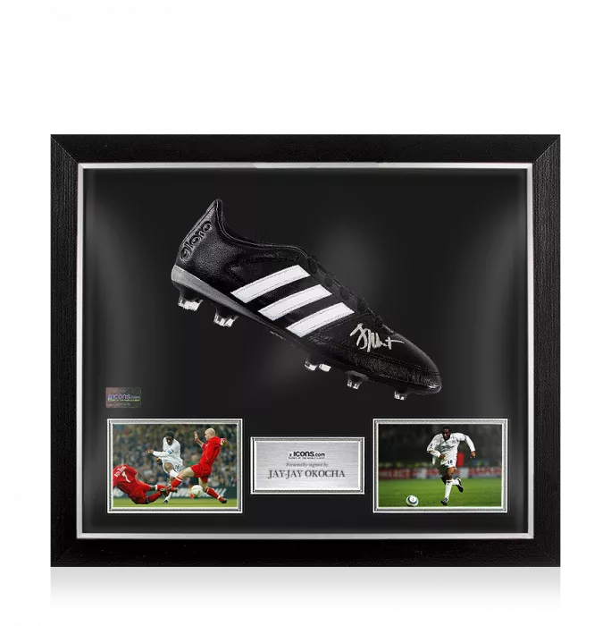 icons Jay-Jay Okocha Signed Black Retro Adidas Boot In Bubble Frame: Option 1