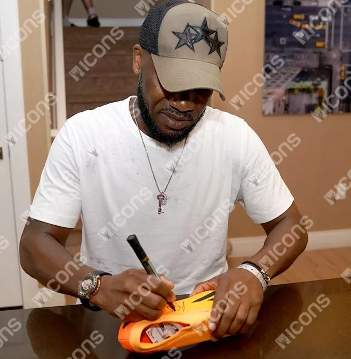 Icons Jay-Jay Okocha Signed Orange Adidas Boot In Bubble Frame: Option 1