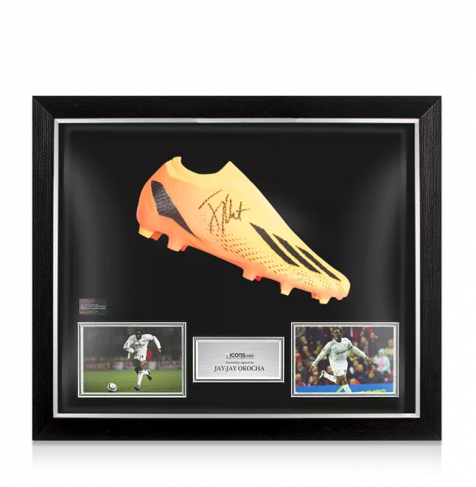 icons Jay-Jay Okocha Signed Orange Adidas Boot In Bubble Frame: Option 1